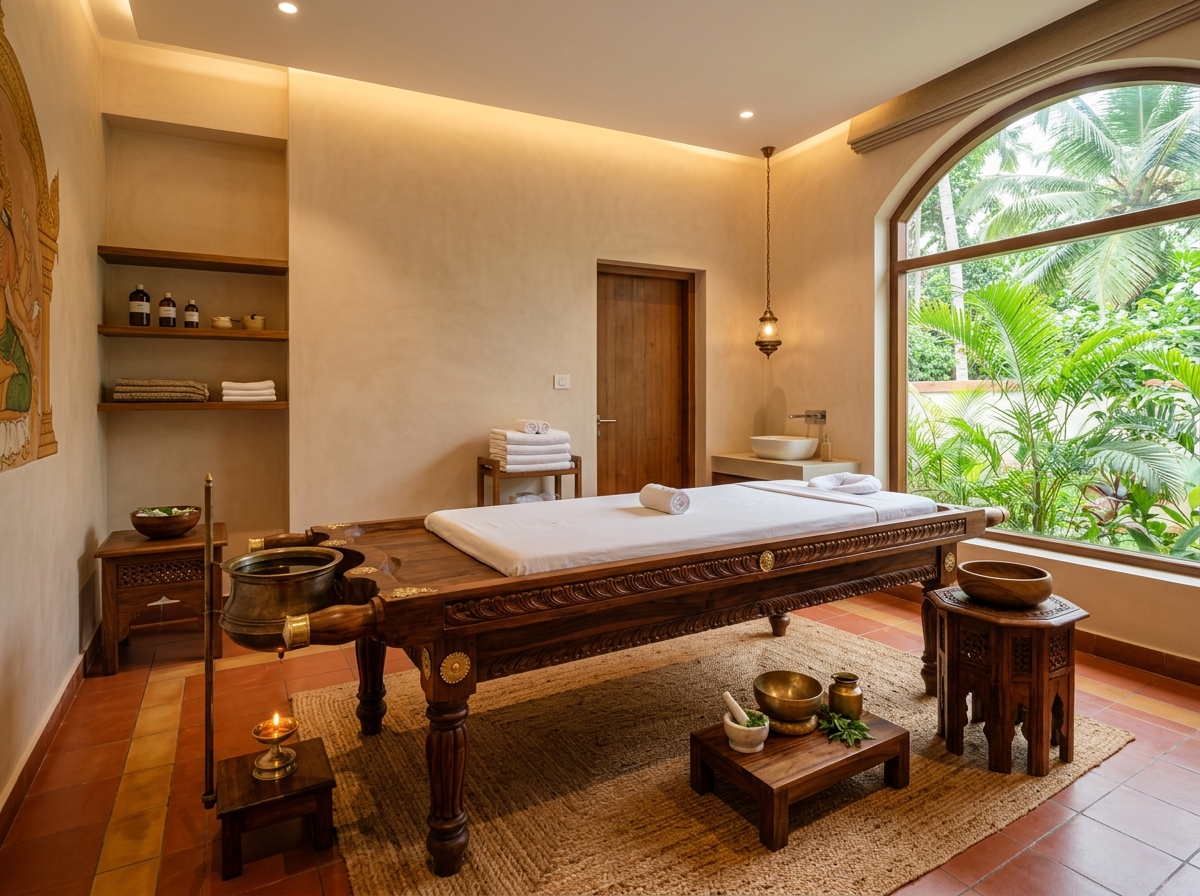 Authentic Handcrafted Kerala Wooden Droni Treatment Suite at Karmanya Ayurveda Pune