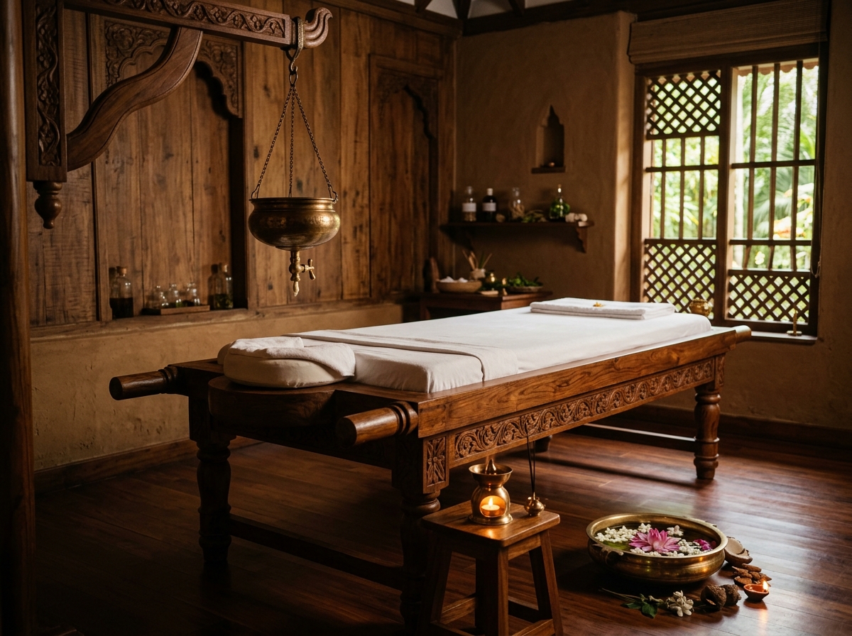 Acoustic Shirodhara Sanctuary with Bronze Dhara-Patra at Karmanya Ayurveda